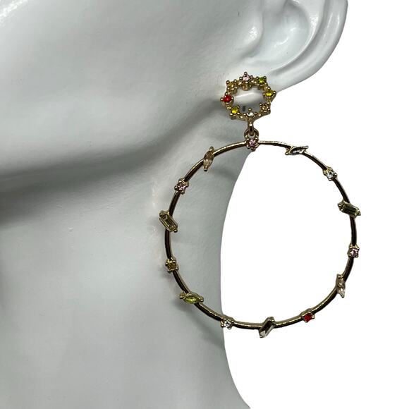 Glamorous Multicolor Crystal Hoop Earrings - Gold-Tone Statement Piece - Picture 1 of 6